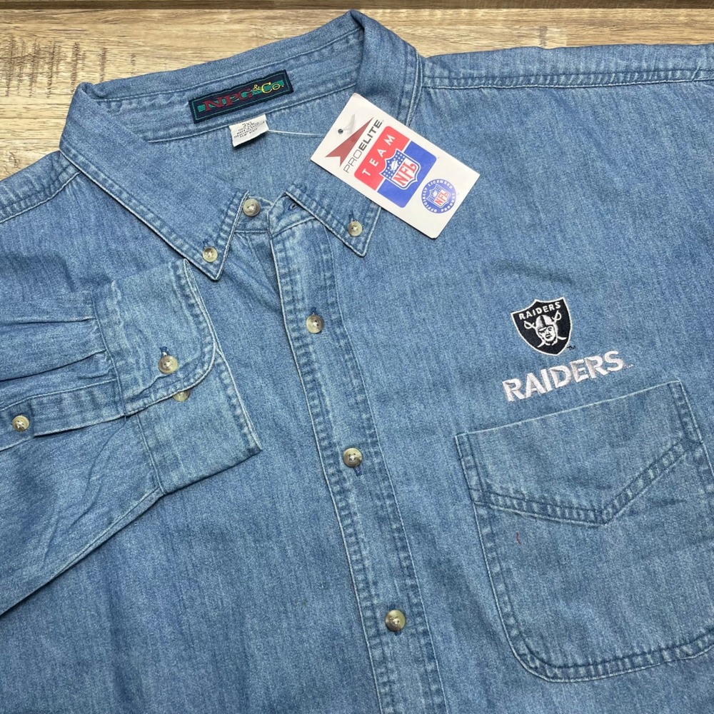 Oakland Raiders Long Sleeve Denim Button Down Shirt Men 3XL Blue NPG&Co NFL New